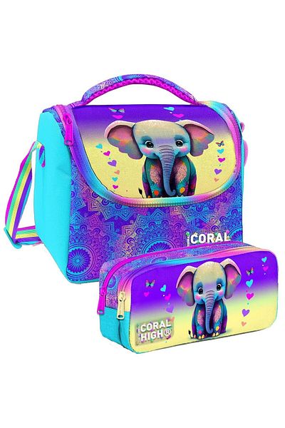 Coral High Pink Turquoise Elephant Patterned Thermal Insulated Lunch Box and Pen Holder Set for Girls