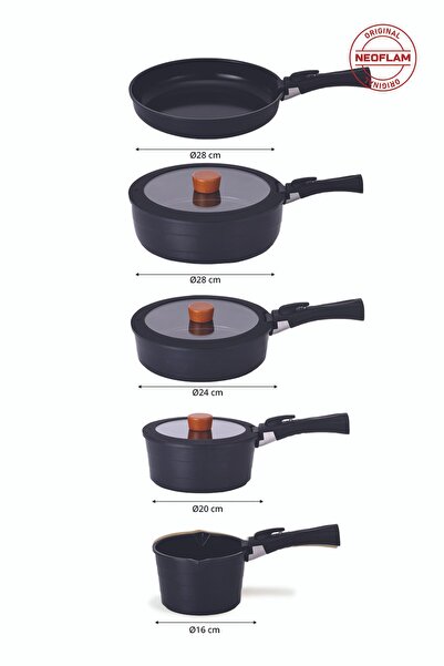 NEOFLAM Midas Black 12 Piece (With Spare Handle) Nesting Induction Pot and Pan Set with Detachable Handle