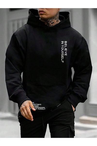 NO 601 Believe Printed Men's Black Hooded Sweatshirt