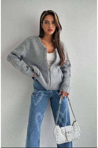 fujya Beyoğlu Stone Embroidered V-neck Knitwear Cardigan