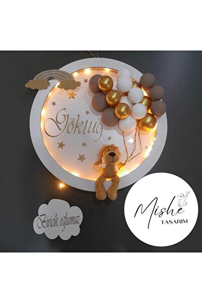 mishe Tasarım Ahşap Yenidoğan Led Işıklı Aslanlı Bubble Kapı Süsü Yuvarlak