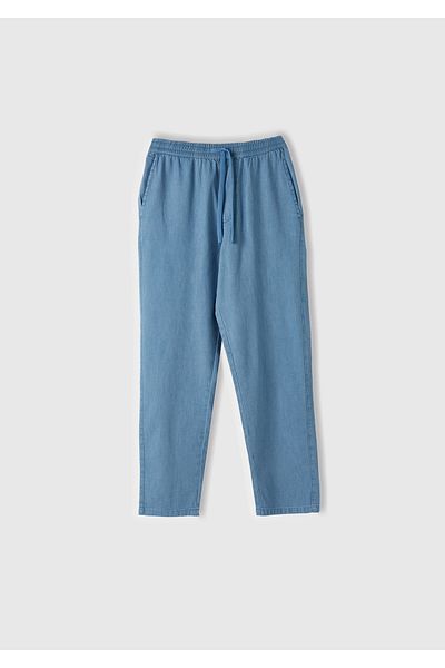 United Colors of Benetton Erkek Açık Mavi %100 Pamuk 4 Cepli Beli Büzgülü İpli Denim Jogger Pantolon