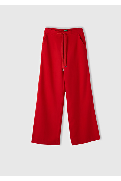 United Colors of Benetton Women's Red 100% Liyosel Front Pleated Waist Drawstring and Buttoned Pants