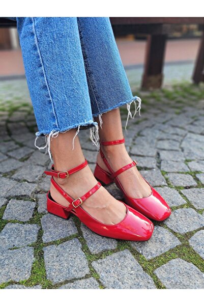 EPTC Mary Jane Light Red Patent Leather Vintage Square Blunt Toe Thick Heeled shoes