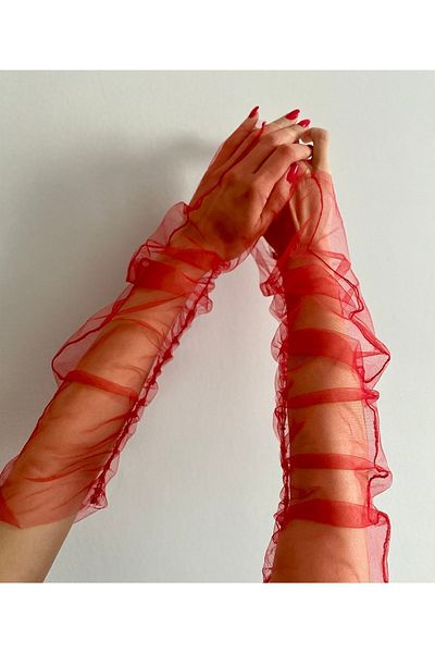 quella atelier Red Bridal Henna Gloves Tulle Fingerless Gloves
