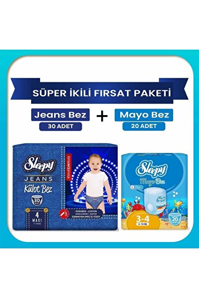Sleepy Süper İkili Fırsat Paketi(Jeans Külot Bez 4 Numara 30 Adet + Mayo Külo...