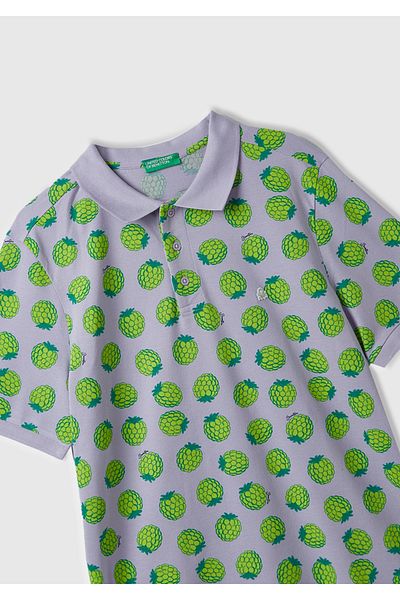 United Colors of Benetton Tricou polo pentru bărbați Liliac Mix - 100% bumbac cu model de fructe