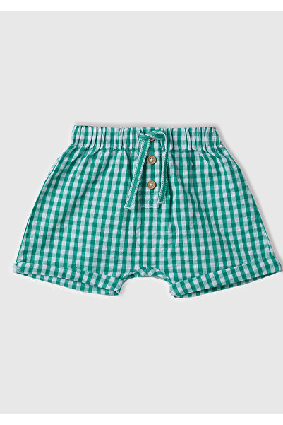 United Colors of Benetton Green Plaid Pattern - Drawstring Waist and Buttoned Shorts