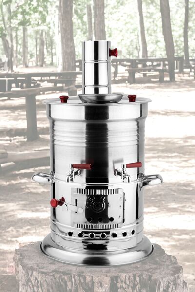 PİGET 10 Litre Paslanmaz Metal Odunlu Kömürlü Çay Semaveri Odunlu Kömürlü Semaver Çift Musluklu Semaver