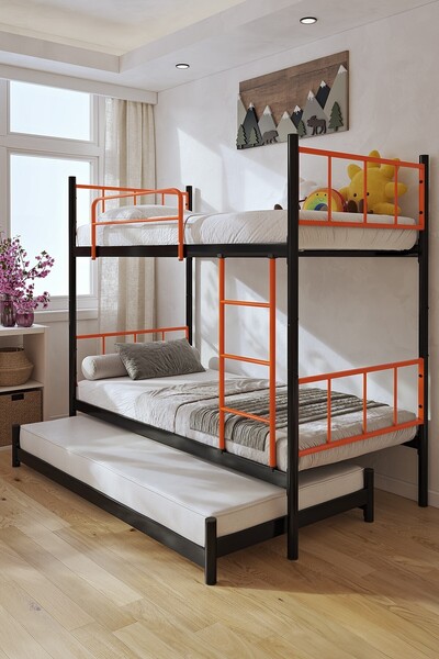 FANO Tekno Yavrulu Ranza 90x200 Yatak Uyumlu 3 Kişilik Turuncu Metal Ranza Karyola