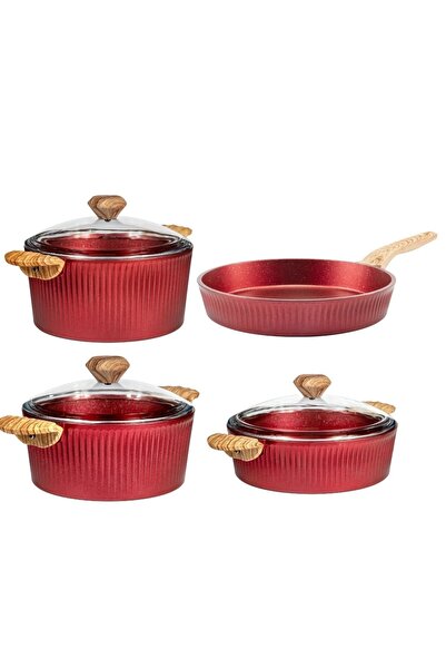 Febern Premium Bio Granite-aluminum Nisch Pot Set - Metallic Red and Light Wooden Handle
