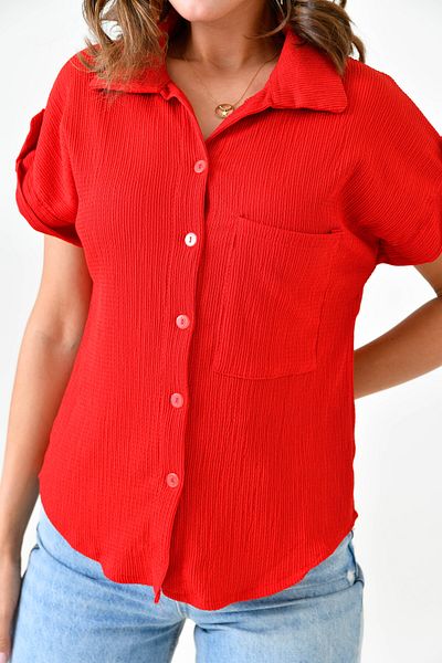 lovebox Red Women's Shirt - Seersucker, Short Sleeve and Pocket Detail 9628