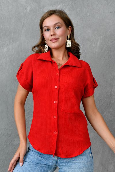 bayansepeti Short Sleeve Pocket Design Red Seersucker Shirt - 9628