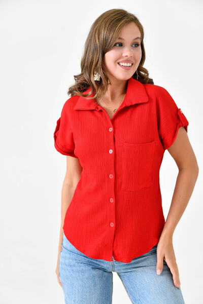 lovebox Red Women's Shirt - Seersucker, Short Sleeve and Pocket Detail 9628