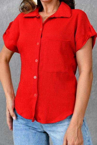 bayansepeti Short Sleeve Pocket Design Red Seersucker Shirt - 9628