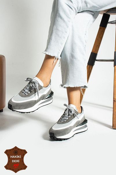 Seniorah Begonia Gray Genuine Leather Suede Sneakers