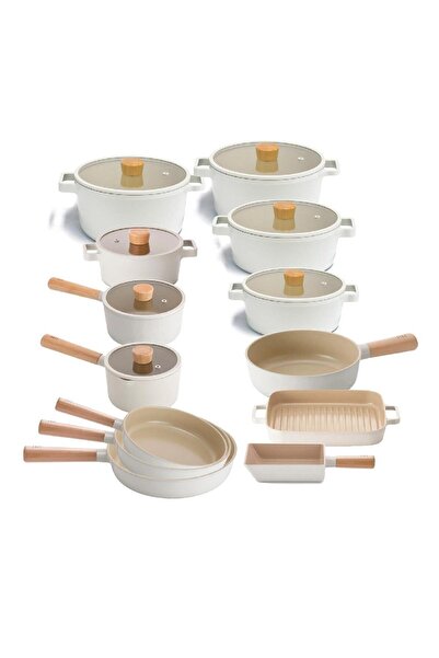 NEOFLAM Fika Alüminyum Döküm Cam Kapaklı 20 Parça Krem Tencere & Tava Seti