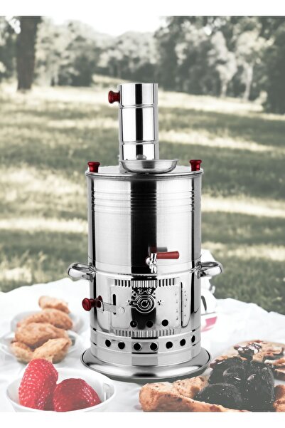 PİGET 10 Litre Paslanmaz Metal Odunlu Kömürlü Çay Semaveri Odunlu Kömürlü Semaver Tek Musluklu Semaver