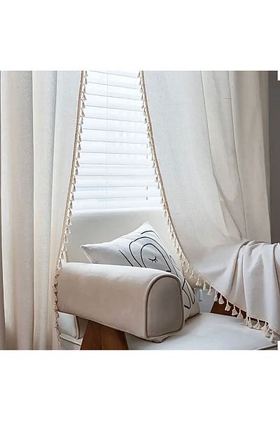 Perdeplus Beige Rustic Style Background Curtain - Bohemian Tassels