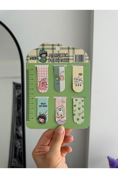Planet Butik 6-Piece Bookmark Set - Kawaii Dino, Dinosaur, Magnetic Ruler Paperclip Magnetic Bookmark