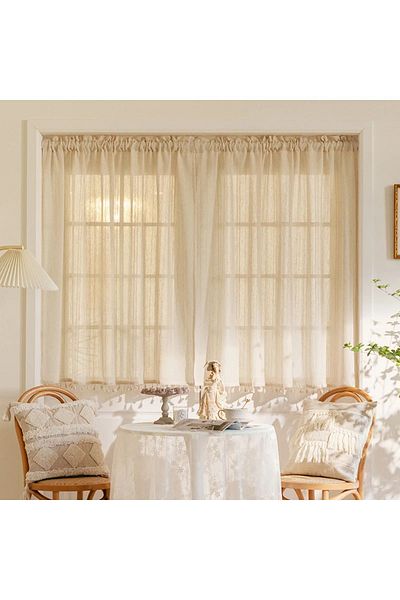 Perdeplus Organic 100% Cotton Single Winged Tasseled Honeycomb Top Short Background Curtain