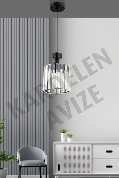 KARDELEN AYDINLATMA AVİZE Black Single Snowdrop - Pendant Lamp Luxury Chandelier with Crystal and Stone Detail