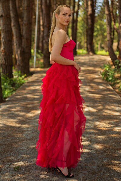 SpringStore Kırmızı Saten Garnili Tül Abiye Elbise