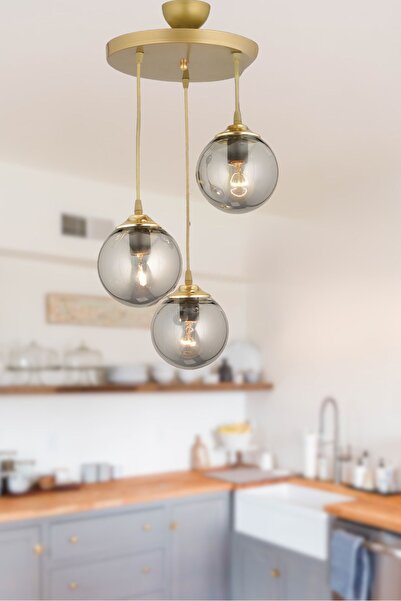 KARDELEN AYDINLATMA AVİZE Kardelen Sarkıt Tepsi  Eskitme  3'lü Füme  Glop Cam...