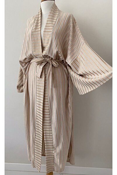 ki-nua studio Bej Çizgili Unisex Uzun Kimono