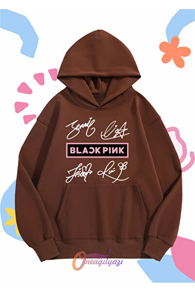 oneagılyazı سويت شيرت بقلنسوة كبير الحجم مطبوع عليه توقيع Blackpink للجنسين