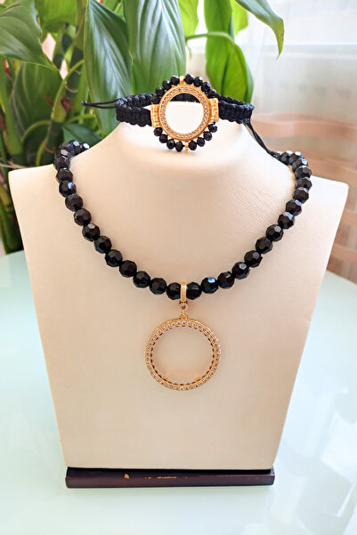 TwinsCollection Tamlı Altın Uyumlu 8mm Kristal Boncuk Kolye Bileklik Seti - Çeyrekli Kolye Bileklik Seti