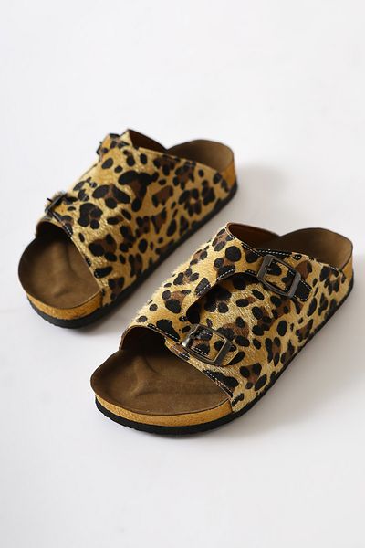 Limoya Christella Leopard Suede Double Buckle Detailed Women's Slippers