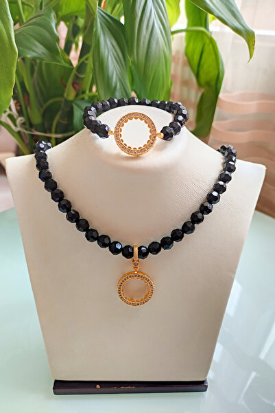 TwinsCollection Çeyrekli Altın Uyumlu 8mm Kristal Boncuk Kolye Bileklik Seti - Çeyrekli Kolye Bileklik Seti