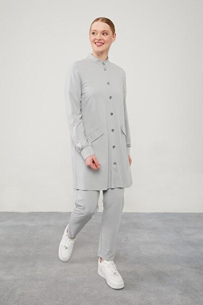 Levidor Γκρι αθλητικό κοστούμι με χτενισμένο βαμβακερό κολάρο με κουμπιά και κλείσιμο