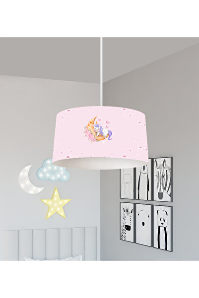 BAMBAŞKA MODA BEBEK VE ÇOCUK ODASI Aya Sarılan Unicorn Desenli Pembe Avize