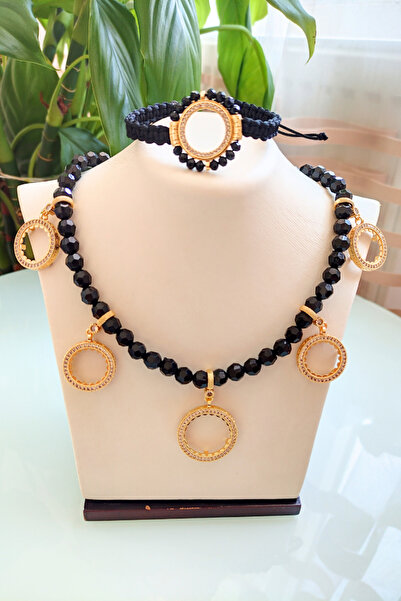 TwinsCollection Yarımlı ve Çeyrekli Altın Uyumlu 8mm Kristal Boncuklu 5'i Bir Yerde Kolye SET