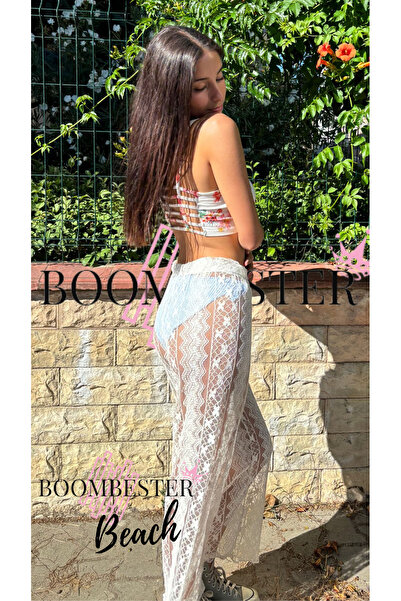 BoomBester Διάφανο γυναικείο παντελόνι παραλίας με λευκή δαντέλα Floral
