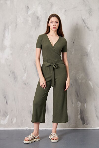 SEVENLINE Belted Double-breasted Collar Wrapped Fabric Jumpsuit