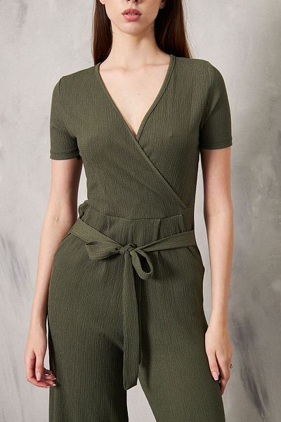 SEVENLINE Belted Double-breasted Collar Wrapped Fabric Jumpsuit