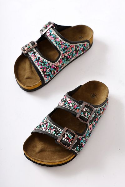 Limoya Semka White Double Banded Women's Slippers with Colorful Stone Accessories