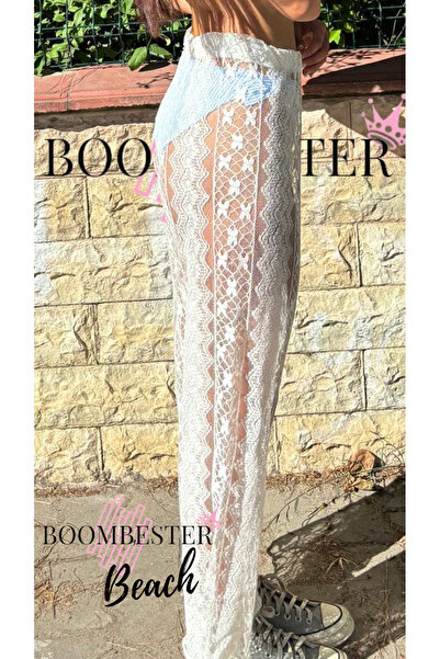 BoomBester Διάφανο γυναικείο παντελόνι παραλίας με λευκή δαντέλα Floral