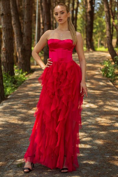 SpringStore Rochie de seara din tul rosu satinat