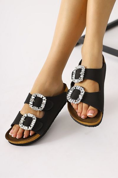 Limoya Brisa Black Double Banded Women's Slippers with Stone Buckle Detail