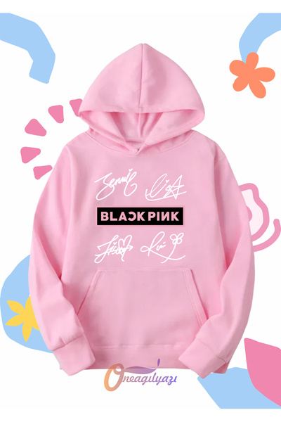 oneagılyazı Çocuk Unisex Blackpink İmza Baskılı Oversize Kapüşönlü Sweatshirt