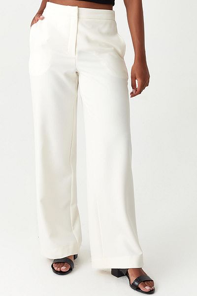 Select Moda Women's Ecru Elastic Waist Wide Leg Fabric Trousers