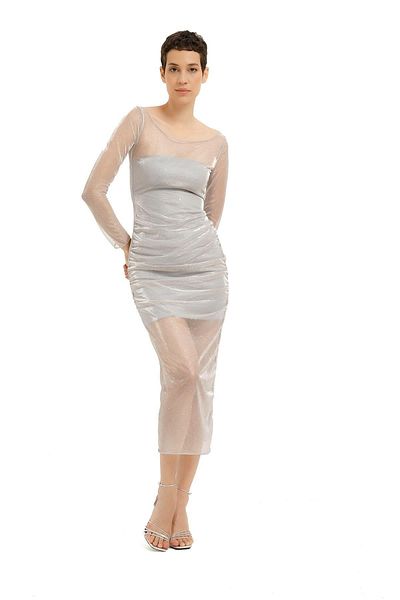 Stilsi Γκρι Lurex Tulle Draped Midi Γυναικείο Φόρεμα - Μακρύ μανίκι