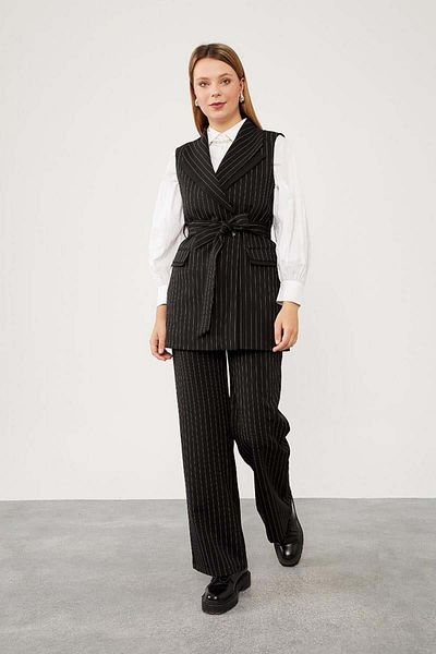 Levidor Black Striped Suit with Linen Vest
