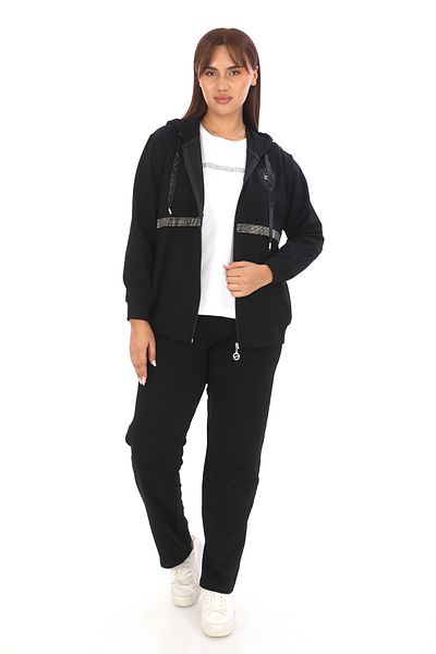 WND SPORT Large Size 3-Piece Tracksuit Set - Stone Detailed Hooded T-Shirt
