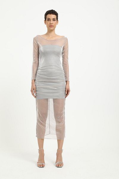 Stilsi Γκρι Lurex Tulle Draped Midi Γυναικείο Φόρεμα - Μακρύ μανίκι