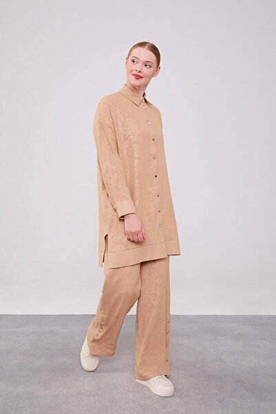 Levidor K.Bej Kendinden Desenli Jakarlı Tunik Takım